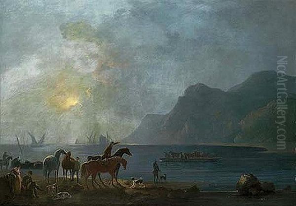 View Of Llanberis Lake, North Wales With Dolbardan Castle Beyond, Figures On The Shore - view 1