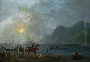 View Of Llanberis Lake, North Wales With Dolbardan Castle Beyond, Figures On The Shore by George Barret