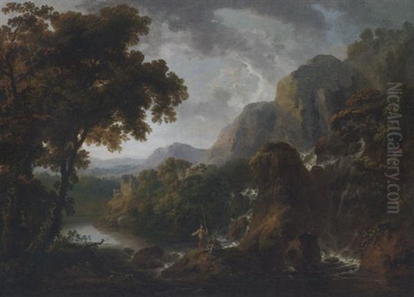 A Wooded Mountainous River Landscape With Anglers By A Waterfall In The Foreground, A Ruined Tower House In The Distance - view 1
