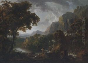 A Wooded Mountainous River Landscape With Anglers By A Waterfall In The Foreground, A Ruined Tower House In The Distance by George Barret