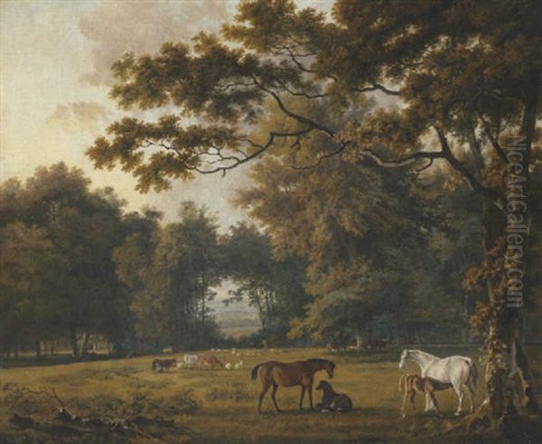 Mares And Foals, Cattle And Sheep In Parkland - view 1