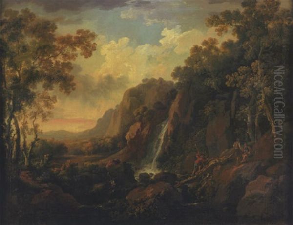 A Wooded Mountainous River Landscape With A Waterfall With Two Figures Preparing To Fish And Another Crossing The River Across A Fallen Tree In The Foreground - view 1