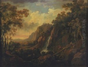 A Wooded Mountainous River Landscape With A Waterfall With Two Figures Preparing To Fish And Another Crossing The River Across A Fallen Tree In The Foreground
