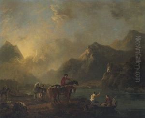 View Of Dolbadarn Castle, Llanberis, North Wales, With Two Figures And Horses Beside A River And A Sportsman In A Boat by George Barret