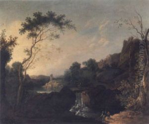 A Rocky River Landscape With Fishermen In The Foreground, An Artist Sketching On The Bank And Figures On A Bridge Above A Waterfall Beyond by George Barret