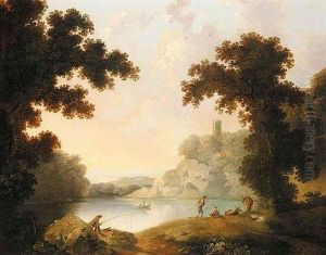 Wooded Landscape With Figures By A Lake And A Distant Towm by George Barret