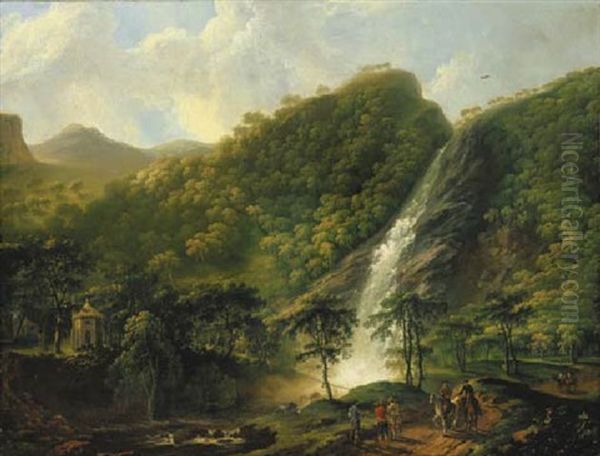 View Of Powerscourt Waterfall, With The Octagonal Summerhouse, And Figures And Horses In The Foreground by George Barret