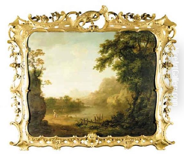 An Italianate Wooded River Landscape With Figures In The Foreground And A Village Beyond - view 1