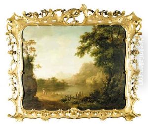An Italianate Wooded River Landscape With Figures In The Foreground And A Village Beyond by George Barret