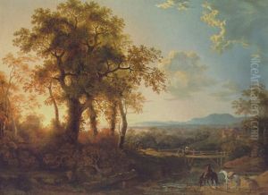 An Extensive Wooded Rover Landscape, With A Traveller On Horseback by George Barret