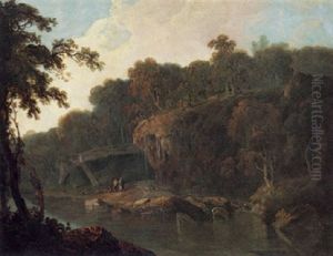 River Landscape With Figures Before A Waterfall by George Barret