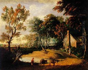 Figures And Mules By A Rural Cottage