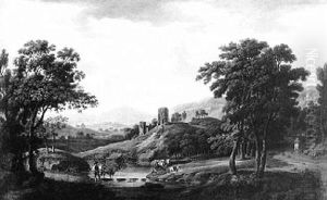 Extensive Landscape With Animals Fording A Stream, Castle Beyond Extensive Landscape With Animals Fording A Stream, Castle Beyond