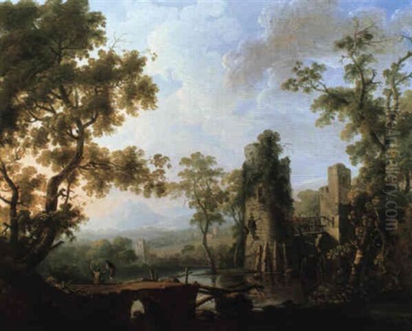 A Wooded River Landscape With Anglers And A Ruined Mill - view 1