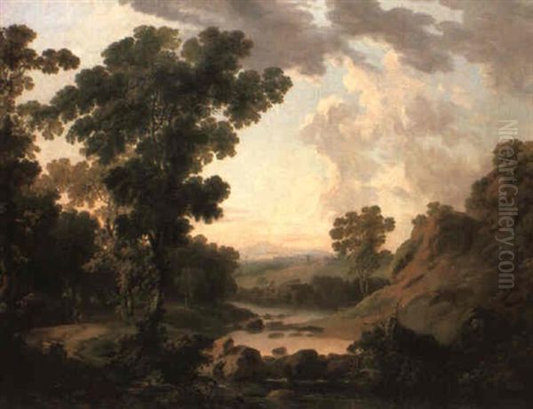 Figures And A Donkey On A Path In A Wooded River Landscape - view 1