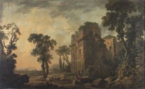 Landscape With Classical Ruins And Shepherds by George Barret