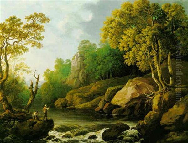 River Landscape With Figures Fishing, Possibly On The Dargle - view 1