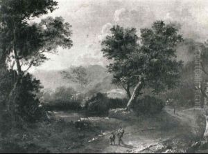 Travellers On A Track On Wooded Lake Landscape by George Barret