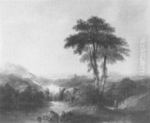 An Extensive River Landscape With A Figure And Dog On A Track by George Barret