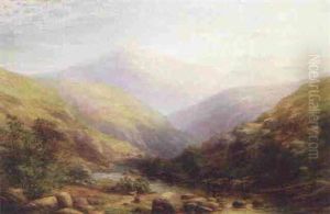 Cattle Watering In A Mountainous Landscape by James Barret