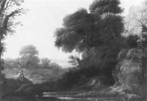 A Wooded River Landscape With A Shepherd On A Bank by James Barret