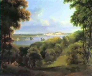A View Of Belvedere, The Seat Of Lord Eardley, Kent, With Shipping On The Estuary, And A Shepherd In The Foreground by James Barret