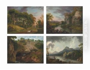 View Of Tissington Church, Derbyshire; View In The Peak District; View Of Peak Cavern, Derbyshire And View Of Llanberis, North Wales (set Of 4 Works) by George Barrett Jr.