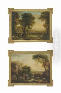 An Italianate Wooded River Landscape With Bathers, Peasants And Ruins (+ An Italianate River Landscape With Travelers, Revelers And A Waterfall; Pair) by George Barrett Jr.