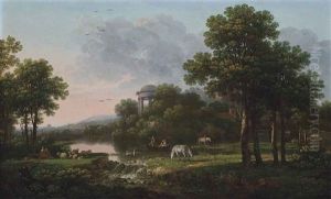 A Wooded Landscape With Amorous Couples Beside A River by George Barrett Jr.