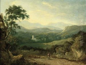 A Mountainous Landscape Near Porthmadog, With A Shepherd, His Flock And A Collie In A Lane, A Traveller In The Distance, Cows In A Dale