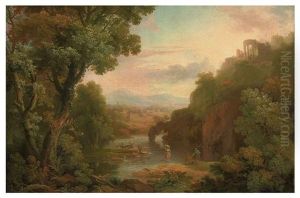 A Classical Landscape With Fishermen And A Washerwoman, A Hilltop Villa And Mountains Beyond by George Barrett Jr.