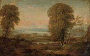 A View In County Wicklow With Figures And Cattle In The Foreground And A Ruin To The Right by George Barrett Jr.