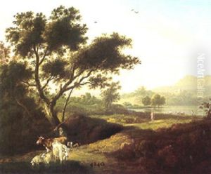 A Landscape With A Gentleman On A Path And A Cowherd With Cattle by George Barrett Jr.