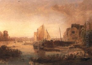 A Wooded River Landscape With Barges By A Quay by George Barrett Jr.