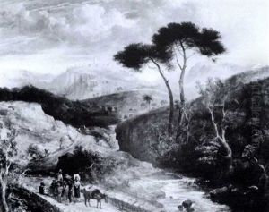 Peasants Crossing A Bridge In A Mountainous Landscape With A City In The Background by George Barrett Jr.