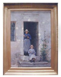 Mere Et Sa Fille Sur Le Pas De La Porte by Claude Barriot