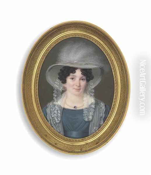 A Lady, In Grey Silk Dress With Lace Shawl Over Her Shoulders, Wearing A Sapphire-set Pearl Necklace And Silver Silk Hat Adorned With White Plumes And Lace - view 1
