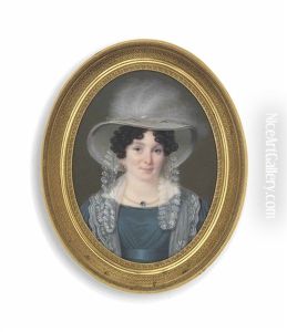 A Lady, In Grey Silk Dress With Lace Shawl Over Her Shoulders, Wearing A Sapphire-set Pearl Necklace And Silver Silk Hat Adorned With White Plumes And Lace by Jean-Pierre-Frederic Barrois