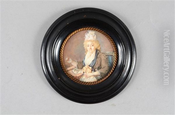 Femme Blonde Coiffee D'un Haut Fichu A Noeud De Dentelle, Assise A Son Metier A Tapisser - view 1