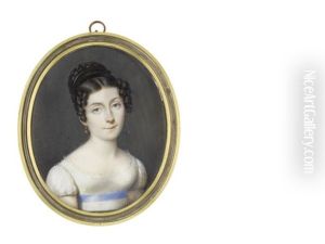 A Lady, Wearing White Dress With Lace Trim To Her Decollage And Blue Ribbon Beneath Her Bust, Gold Pendant Earring, Her Dark Hair Plaited And Upswept From The Back