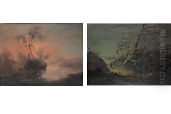Paisaje Lacustre Con Personajes Y Paisaje De Tormenta (pair) - view 1
