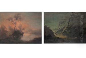 Paisaje Lacustre Con Personajes Y Paisaje De Tormenta (pair) by Manuel Barron y Carrillo