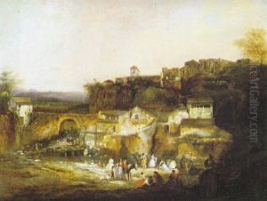 Vista De Un Pueblo Con Lavanderas Junto A Un Rio