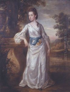 Portrait Of Miss Harvey Standing In A Landscape Wearing A White Silk Dress Tied Loosely At The Waist With A Blue Sash
