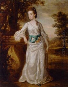 Portrait Of Miss Harvey In A White Dress And Blue Sash, Resting Her Arm On A Plinth, In A Landscape