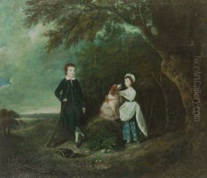 Portrait Of A Young Boy And Girl In A Landscape, He Holding A Cricket Bat, She Placing A Garland Of Flowers by Hugh Barron