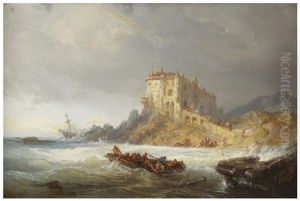 Barque De Pecheurs Par Gros Temps Pres De La Cote