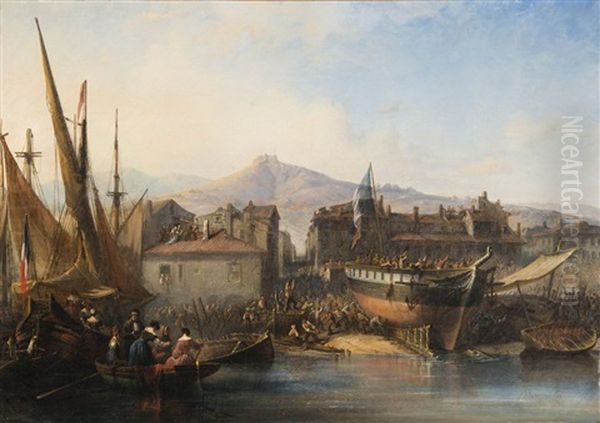 Lancement D"un Navire Dans Le Port De Marseille Avant La Construction De Notre Dame De La Garde - view 1