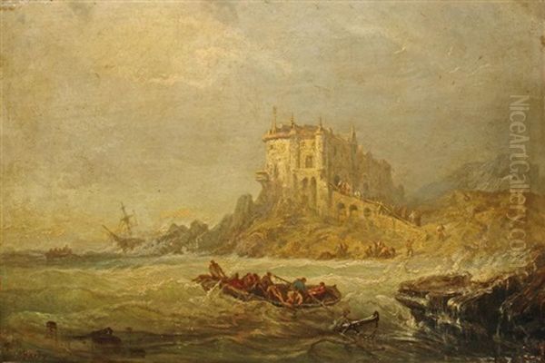 Bateau Sur Une Mer Agitee Devant Un Rivage Domine Par Un Chateau Fantastique - view 1
