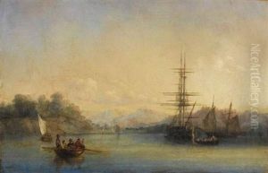 Paysage Orientaliste, Trois-mats Et Felouques Sur Le Fleuve